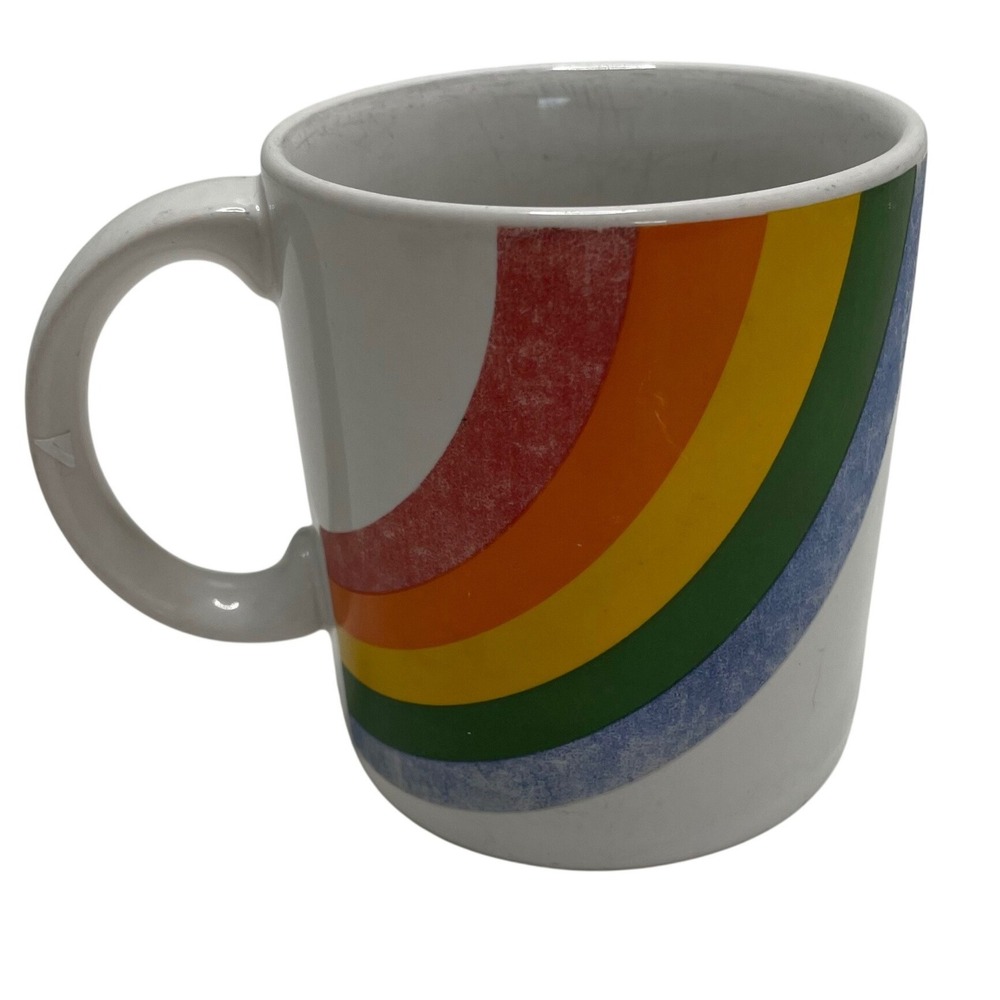 Vintage 1984 FTDA Rainbow Ceramic Coffee Mug Retro 80s White Made in Korea Pride